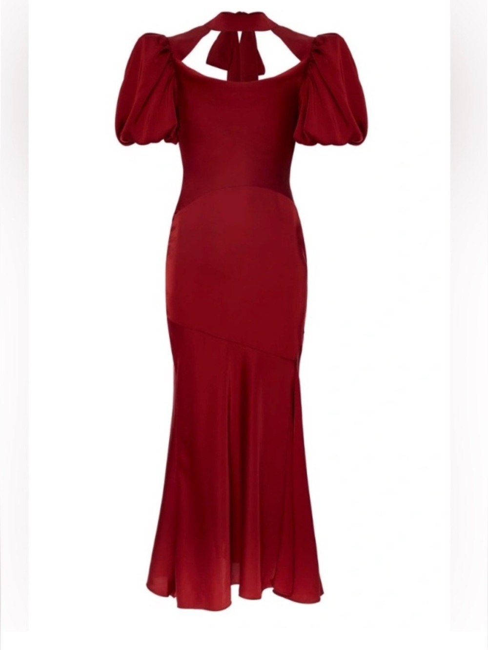 De La Vali Amor Dark Cherry Red Satin Puff Sleeve Midi Dress Gothic Romance